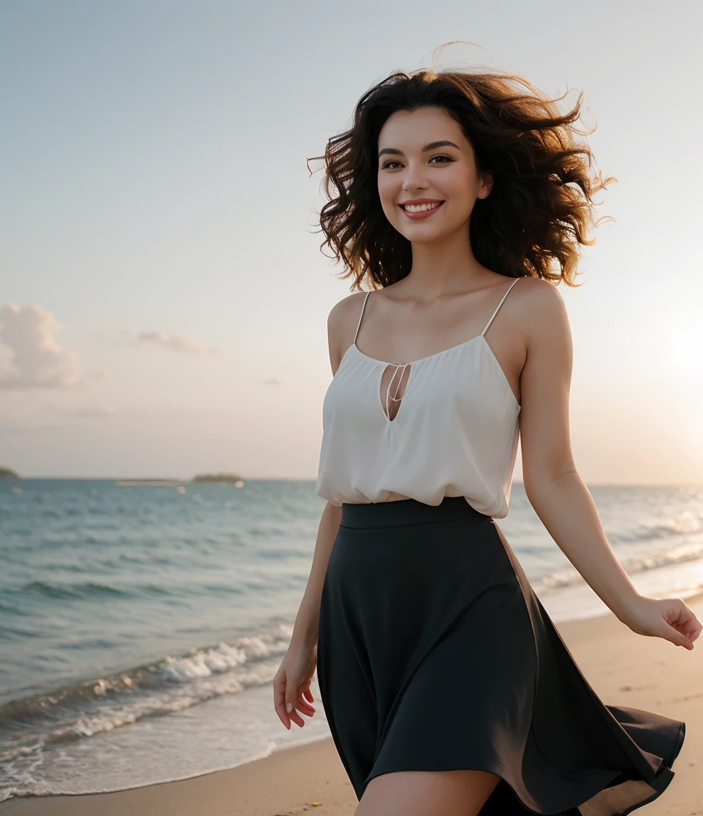 Photo of a dark-haired woman with wind-blown curls, their hair is intertwined, like a flame in the evening sky., radiates unbridled beauty, big , wearing a summer skirt, big smile on her face