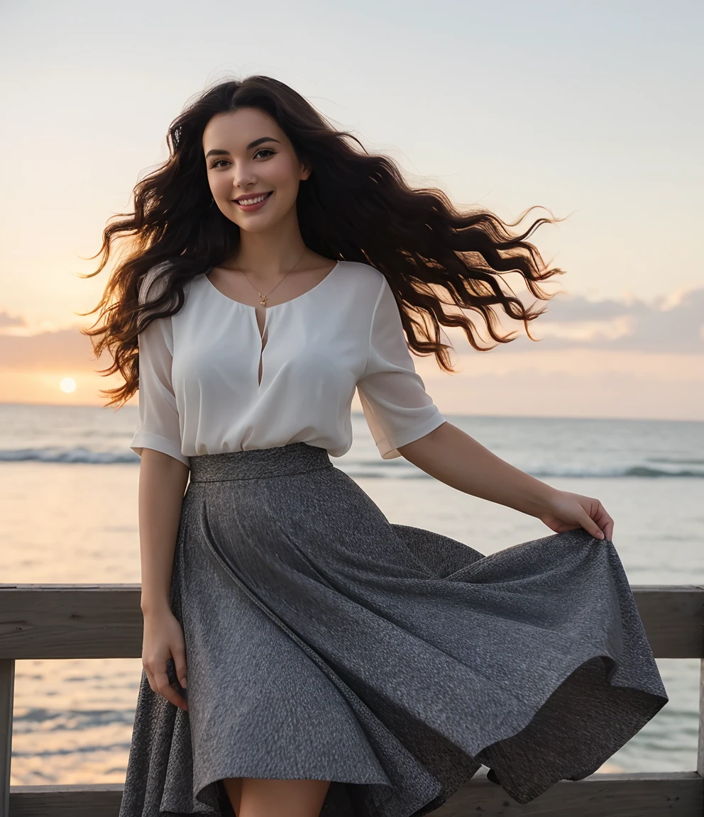 Photo of a dark-haired woman with wind-blown curls, their hair is intertwined, like a flame in the evening sky., radiates unbridled beauty, big , wearing a summer skirt, big smile on her face