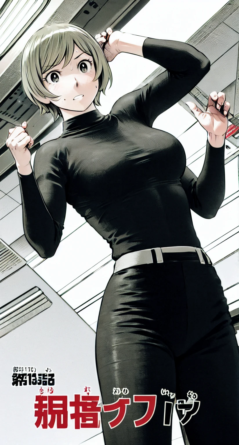 、(masterpiece、Highest quality)、Highest quality, Ultra-high resolution, (((masterpiece))), alone, Sweat、Big eyes,office、Tight white dress shirt、Tight black suit、Tight black pants、indoor、Composition from the front、(Cut the back hair short、short hair、blonde、woman)、Shortcuts、Embarrassed face、Cut your hair short、可愛いwomanの子、Big Breasts