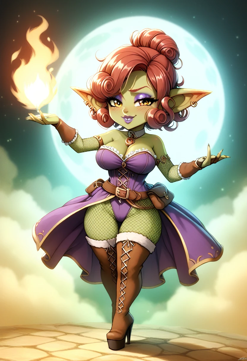 Girl, goblin girl, goblin, green skin, short, short stature,short hair, red hair, curly hair, large breasts, long gloves, thigh boots, pouty lips, masterpiece, best quality, sexy, dynamic pose, 8k, shortstack, sfw, shiny, fantasy, dungeons and dragons, high heels, fishnets, holding, dark green skin, adventurer, sexy pose, sorcerer, sorceress, pyromancer, fire, magic, long detailed sexy colorful dress, thigh pouch, very curly hair, lots of belts, updo hairstyle, lipstick, rosy cheeks, smile, eyeshadow, eye liner
