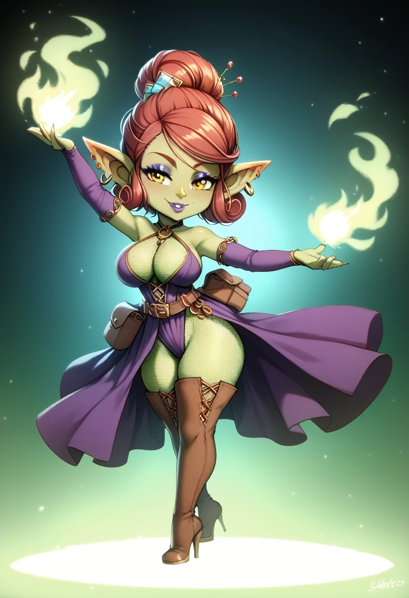 Girl, goblin girl, goblin, green skin, short, short stature,short hair, red hair, curly hair, large breasts, long gloves, thigh boots, pouty lips, masterpiece, best quality, sexy, dynamic pose, 8k, shortstack, sfw, shiny, fantasy, dungeons and dragons, high heels,  fishnets, holding, dark green skin, adventurer, sexy pose, sorcerer, sorceress, pyromancer, fire, magic, long detailed sexy colorful dress, thigh pouch, very curly hair, lots of belts, updo hairstyle, lipstick, rosy cheeks, smile, eyeshadow, eye liner 