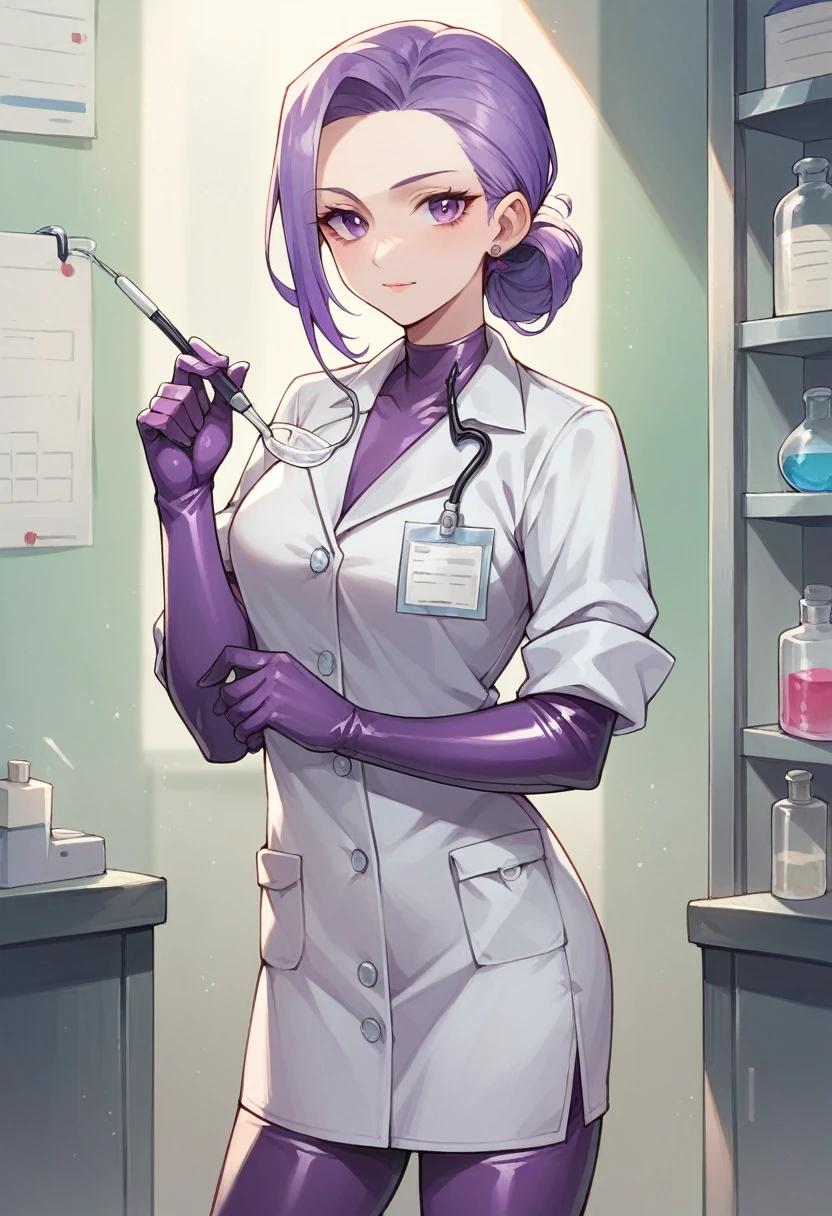 1girl, ((purple elbow gloves)), ((surgical gloves)), ((latex gloves)), ((purple surgical outfit)), looking at viewer, ((doctor)), ((long sleeves)), standing, solo