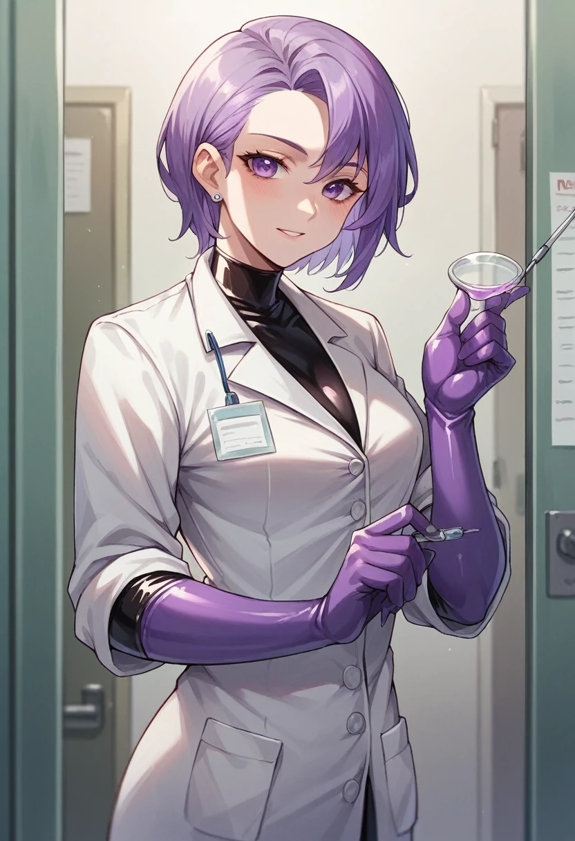 1girl, ((purple elbow gloves)), ((surgical gloves)), ((latex gloves)), ((purple surgical outfit)), looking at viewer, ((doctor)), ((long sleeves)), standing, solo
