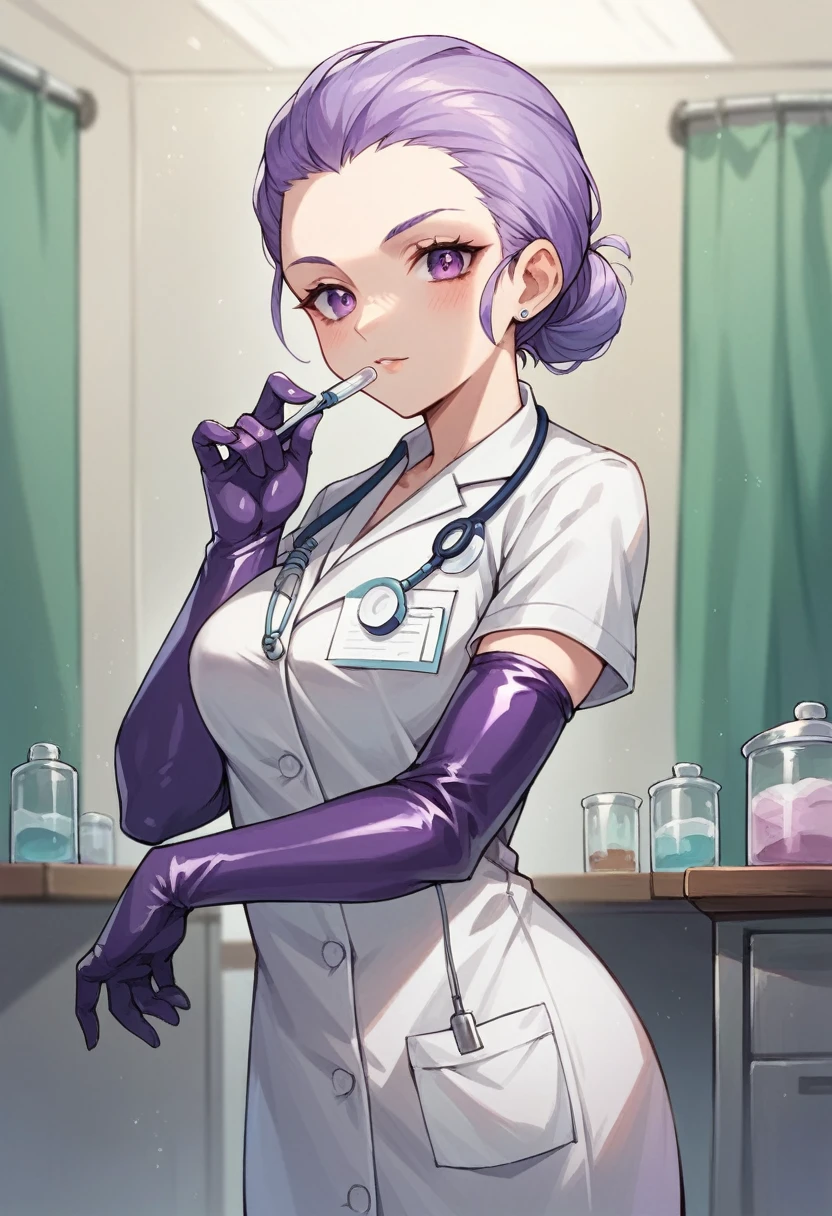 1girl, ((purple elbow gloves)), ((surgical gloves)), ((latex gloves)), ((purple surgical outfit)), looking at viewer, ((doctor)), ((long sleeves)), standing, solo