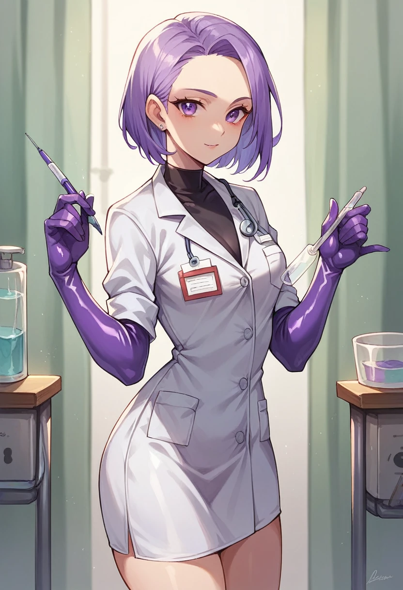1girl, ((purple elbow gloves)), ((surgical gloves)), ((latex gloves)), ((purple surgical outfit)), looking at viewer, ((doctor)), ((long sleeves)), standing, solo