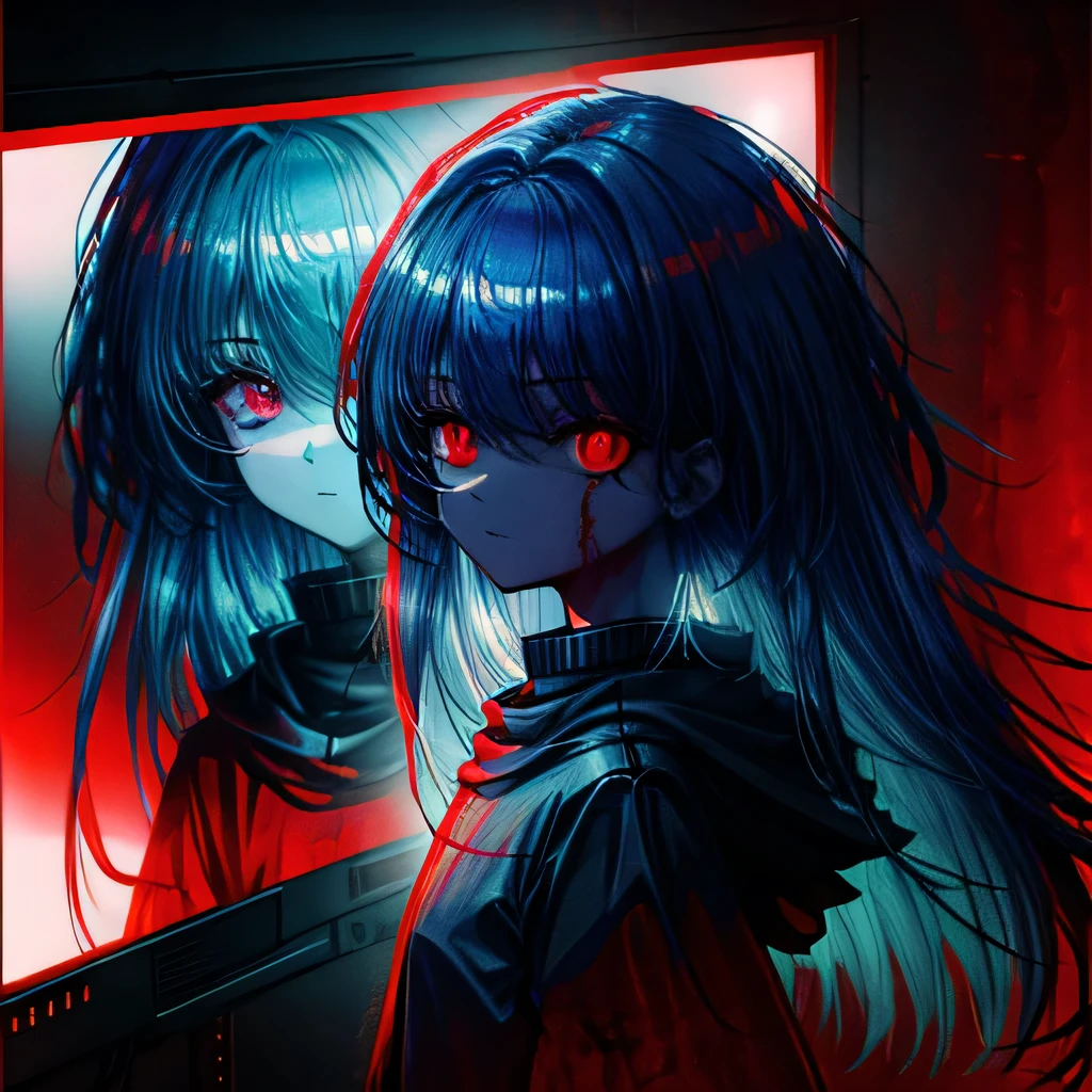 masterpiece, 1 girl, upper body, upclose, girl infront, looks at the viewer, Eyes in TV, Monitors with eyes in background, in doors, red eyes, blood, long blue hair, blue hair, many details, back facing viewer, head turned to look at viewer, emotionless, dim room, only light from tv monitors, monitors with eyes, Many screens showing different things, 1 girl in a screen, detailed eyes in the other screens, well lit, blood on face, blood on hair, blood dripping from eyes, eyes with crosses in them, pale skin, seperate monitors, emotionless face, bright colours, glowing eyes, long hair, white hair, eyes split in half, detailed, neon eyes, beautiful eyes, cool eyes, large monitor screen displaying beautiful eyes in background, girl in the center, silhouette of a girl in the center, red lighting, red eyes, blood, detailed, glowing, dim room, lighting from screens, massive screens displaying giant girl in the background , long hair,in a cinema room, dim lighting, bright lighting, red eyes, girl on screen panel, eyes in screen panels, long red hair, bright red hair, long hair, hair glowing, well lit, detailed, detailed lighting, well lit hair, well lit face, looking at viewer, dim room, screen monitor panels, monitors with girl in them, emotionless expression, eye in monitor screen, lots of monitor panels, sectioned panels, glowing eyes, red eyes,