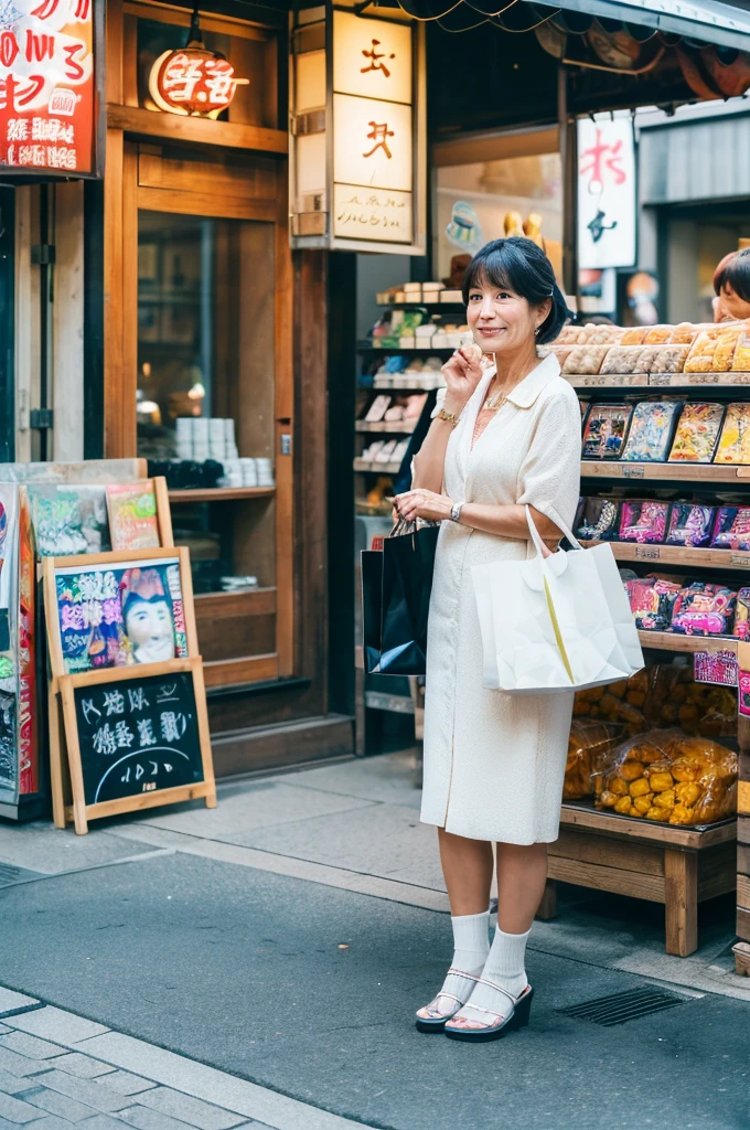 ((Highest quality)), ((masterpiece)), (detailed), Japanese,Street Corner,Beauty,Shopping,Tokyo,Mature Woman,50th Generation