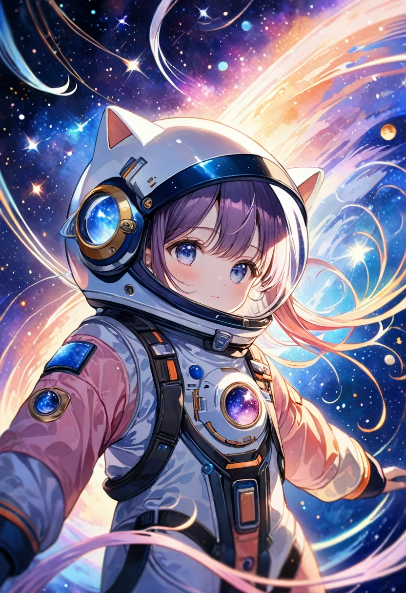 ((Masterpiece)), ((Best Quality)), (Very Detailed), ((Very Detailed)), 4K, (8K), very aesthetic, absurdres highres, Cat clad in a miniature space suit floating amidst the cosmic backdrop of a nebula, whiskers gently splayed by zero gravity, eyes wide with cosmic wonder, starfield reflecting in the helmet visor, pastel-colored galaxies swirling in the background, watercolor style, ultra realistic, high-quality digital painting.