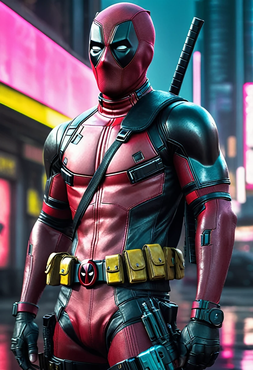 Deadpool in a the Cyberpunk 2077 style realistic