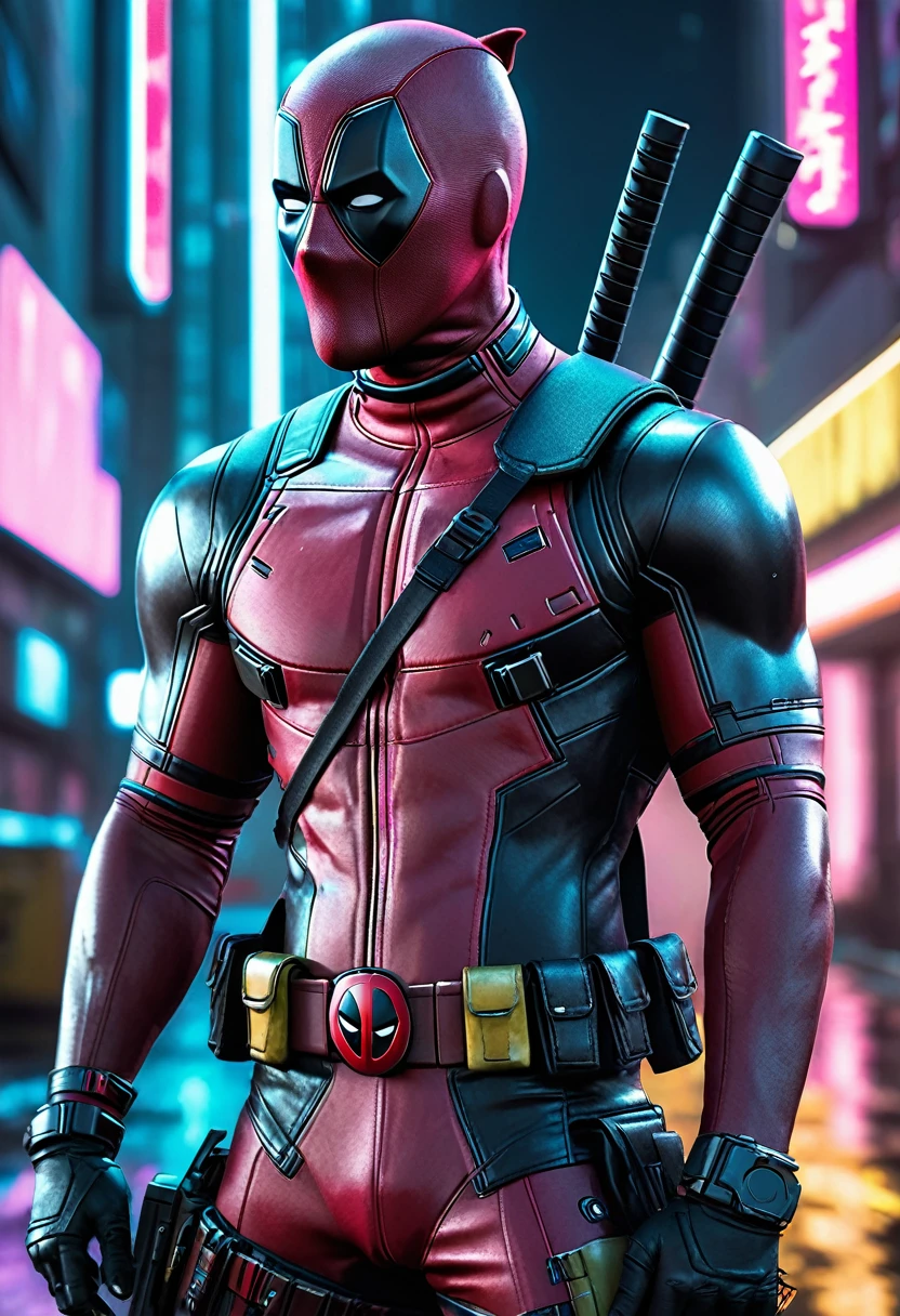 Deadpool in a the Cyberpunk 2077 style realistic