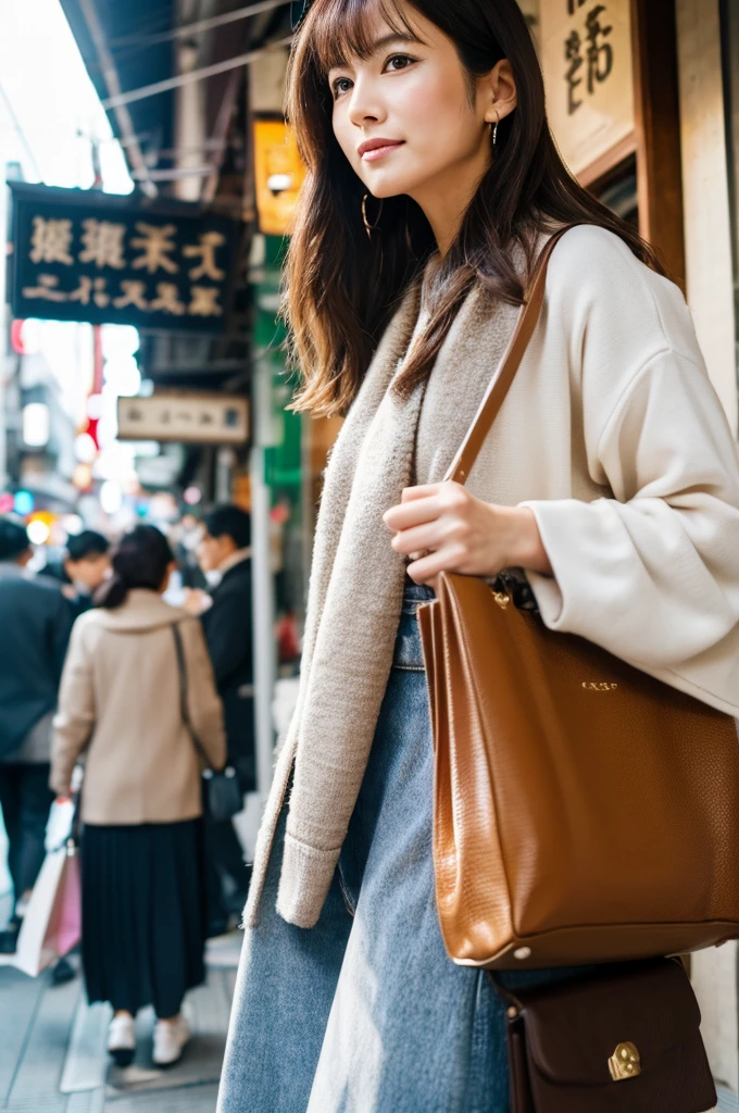 ((Highest quality)), ((masterpiece)), (detailed), Japanese,Street Corner,Beauty,Shopping,Tokyo,Mature Woman,50th Generation