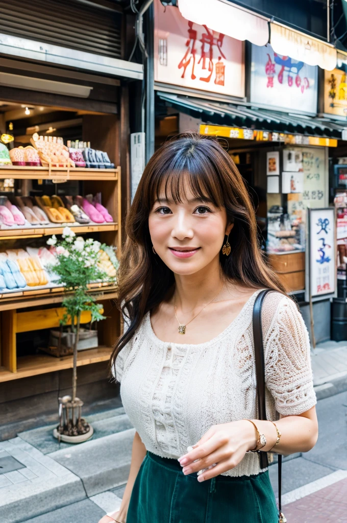 ((Highest quality)), ((masterpiece)), (detailed), Japanese,Street Corner,Beauty,Shopping,Tokyo,Mature Woman,50th Generation