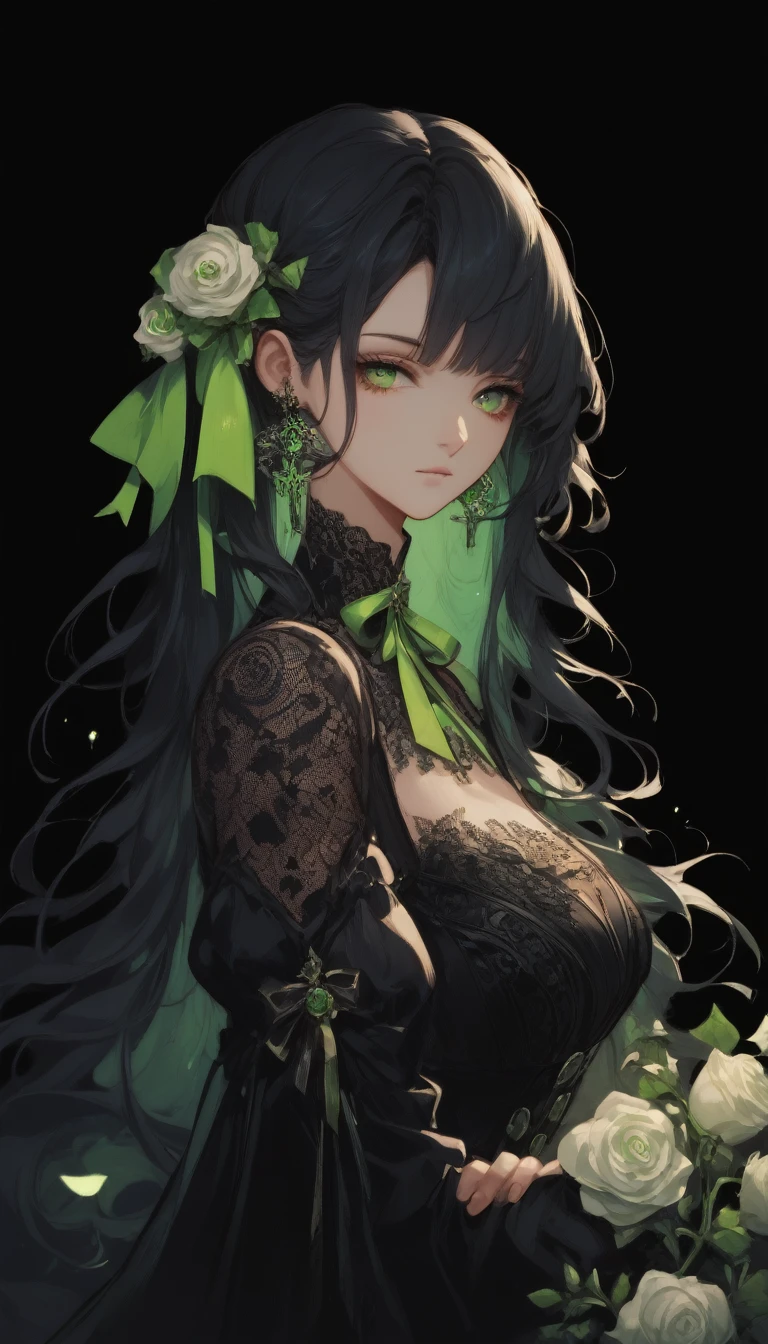 ((Tabletop, Highest quality)),Best aesthetics,One Girl, alone, Long Hair, Black Dress, flower, ribbon, Black background, Black Hair, Rose, ヘアribbon, Green Eyes, Long sleeve, White Rose, Mouth closed, 黒いribbon, Upper Body, Cinema Lighting