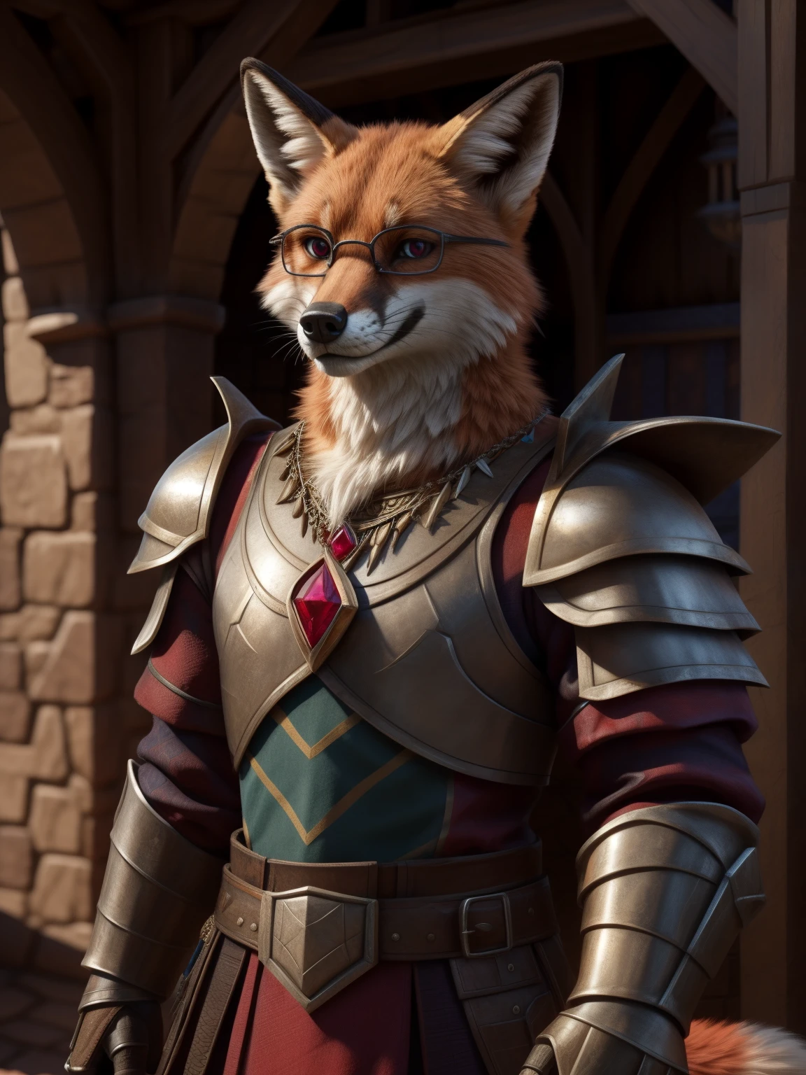 (In RuneScape) Middle Ages, medieval imperial guard with metal armor, red fox head, glasses, metal shoulder pads, ((necklace with a ruby)), Realistic fur, furry fox tail