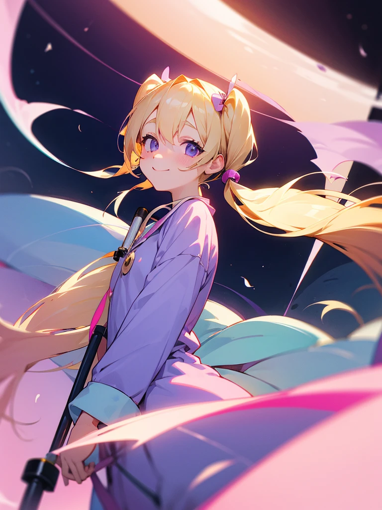 Blonde twin tails, purple droopy eyes, light blue pajamas, pink crescent moon, Telescope Smile