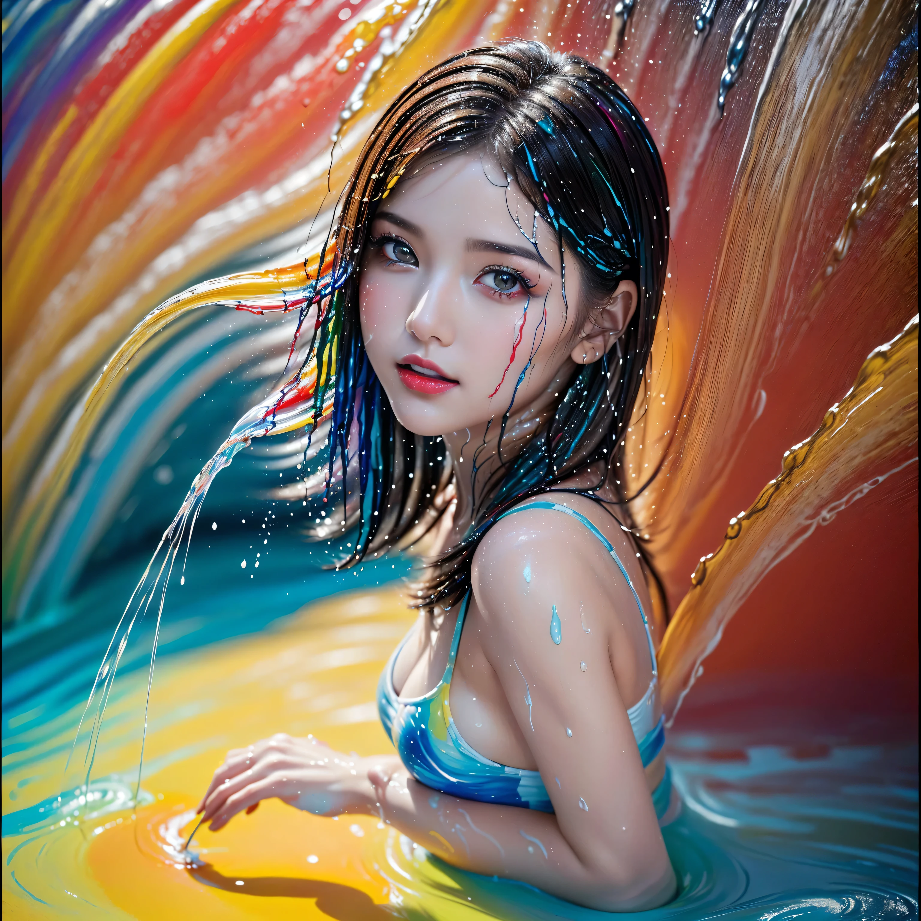 (absurd quality,high-res,masterpiece),(realism,photorealistic), ((the art of painting the body with many colors, luminous paints)), ((screen with splashing fluid flowing down, fluid paints:1.3), extremely detailed:1.2), ((in a bright and colorful paint pool:1.22)),