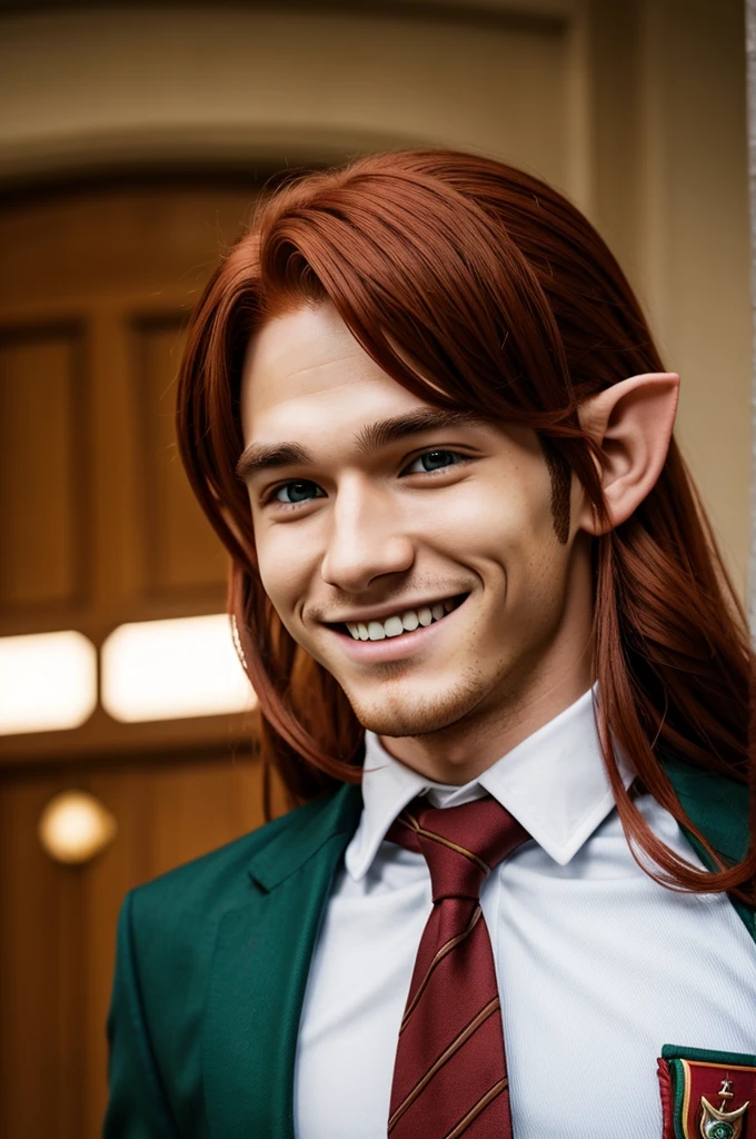 20 year old boy, medium long red hair, with elf ears, Brown eyes, sweet smile.
with boku no hero uniform