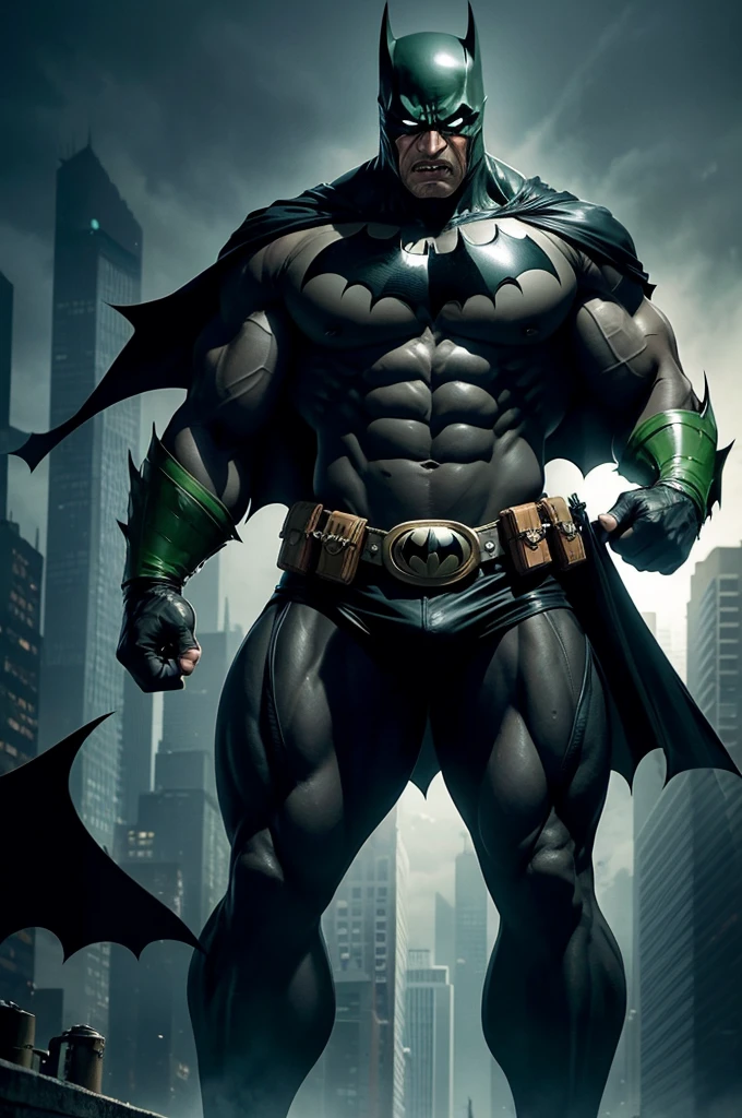 "Create an image of the Hulk fused with Batman. The character should have the Hulk's muscular build and green skin, but wear Batman's iconic costume, including the cape, utility belt, and bat symbol on the chest. The facial expression should be fierce, reflecting Batman's determination and Hulk's rage. The scene should be set in a dark, grim urban environment, typical of Gotham City."
.