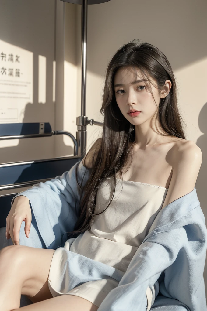 (((best quality))), (((ultra detailed))), (((masterpiece))), illustration,((a fragile and beautiful young girl,solo)),((slim,thin)),((small breasts,flat chest)),((sitting on a hospital bed)),(in a striped blue and white patient's shirt:1.2), ethereal appearance,(shoulder length straight hair:1.2), delicate features, expressive eyes, porcelain skin, worried expression, vertical stripes on the gown, loose fit, slender fingers, polished nail polish, clinical examination room, faded walls, doctors' cart, stainless steel, hospital backdrop, stark contrasts, cold environment, warmth and vulnerability, poignant moment, moving image,((from front,upper body)),(spread legs apart:1.3)