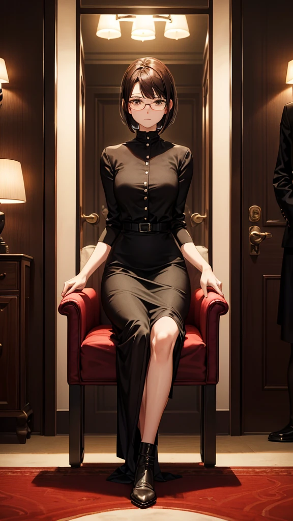 Hotel at night,Inside the room,whole body,30-year-old woman,office lady,Slender body,she wears heavy makeup,She wears glasses,Brown short bob hair,anger,Glare,strict,Sitting in a chair,spreading her legs,Sitting in a chair,(She is wearing a maxi-length gothic dress,short boots)