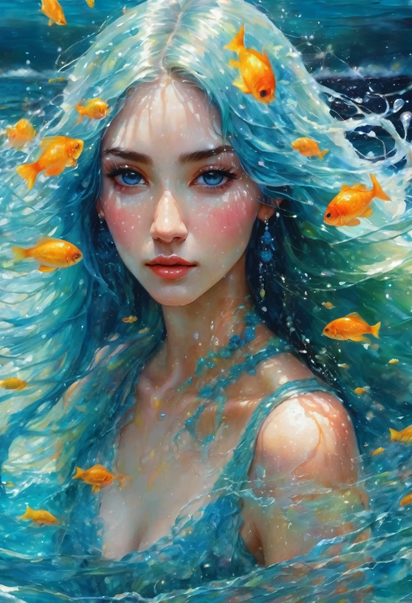 ultra highly detailed, action painting, spring, falling  petals  ,32k,  , oil painting, watercolor, close up fantasy well-dressed ethereal  spirit  , innocent looking young teen woman, luminous skin, skin scales, blue hair, , unusual appearance, delicate face   the sea, waves,    freckles , glittering, turquoise glowing eyes, , water drops, highly detailed, intricated, intricated pose, thick strokes, liquid, melting,  , masterpiece, high quality