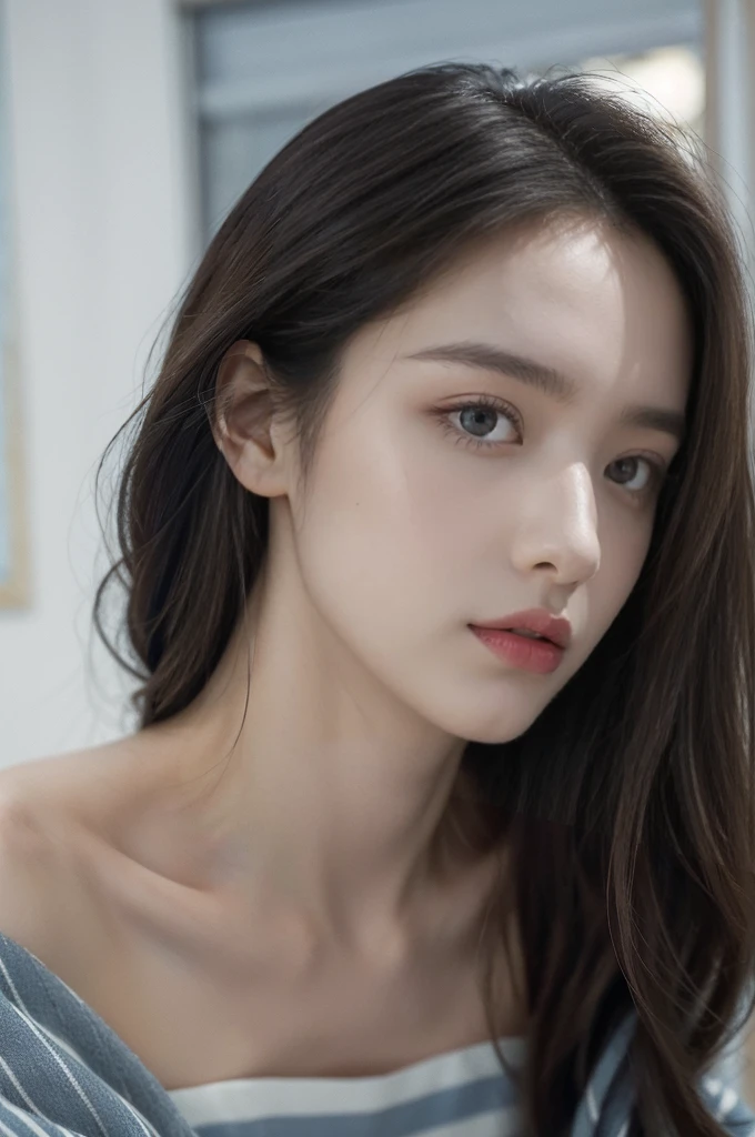 (((best quality))), (((ultra detailed))), (((masterpiece))), illustration,((a fragile and beautiful young girl,solo)),((slim,thin)),((small breasts,flat chest)),((sitting on a hospital bed)),(strapless striped blue and white patient's bra:1.2), ethereal appearance,(shoulder length straight hair:1.2), delicate features, expressive eyes, porcelain skin, worried expression, vertical stripes on the gown, loose fit, slender fingers, polished nail polish, clinical examination room, faded walls, doctors' cart, stainless steel, hospital backdrop, stark contrasts, cold environment, warmth and vulnerability, poignant moment, moving image,((from front,close-up of face)),