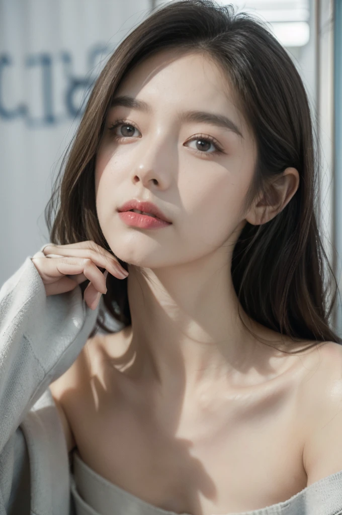 (((best quality))), (((ultra detailed))), (((masterpiece))), illustration,((a fragile and beautiful young girl,solo)),((slim,thin)),((small ,flat chest)),((sitting on a hospital bed)),(strapless striped blue and white patient's bra:1.2), ethereal appearance,(shoulder length straight hair:1.2), delicate features, expressive eyes, porcelain skin, worried expression, vertical stripes on the gown, loose fit, slender fingers, polished nail polish, clinical examination room, faded walls, doctors' cart, stainless steel, hospital backdrop, stark contrasts, cold environment, warmth and vulnerability, poignant moment, moving image,((from front,close-up of face)),