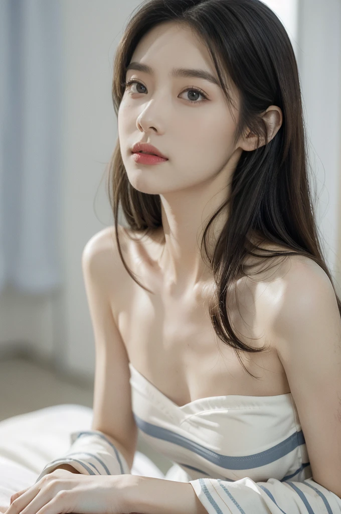 (((best quality))), (((ultra detailed))), (((masterpiece))), illustration,((a fragile and beautiful young girl,solo)),((slim,thin)),((small breasts,flat chest)),((sitting on a hospital bed)),(strapless striped blue and white patient's bra:1.2), ethereal appearance,(shoulder length straight hair:1.2), delicate features, expressive eyes, porcelain skin, worried expression, vertical stripes on the gown, loose fit, slender fingers, polished nail polish, clinical examination room, faded walls, doctors' cart, stainless steel, hospital backdrop, stark contrasts, cold environment, warmth and vulnerability, poignant moment, moving image,((from front,close-up of face)),