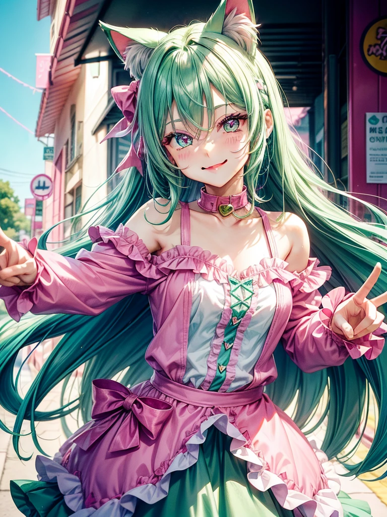 (( Pink green hair color)), pink eyes, woman, teal blue gold clothes,happy face, sexy outfit, cat ears, hearts, floating hearts, face only, long hair, smiling, hair ornament, up close face, sexy clothes, sexy women , closed mouth smile, up close face, hair bows l