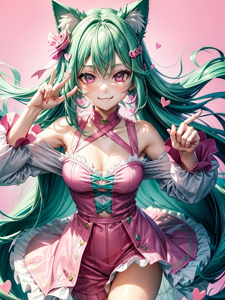 (( Pink green hair color)), pink eyes, woman, teal blue gold clothes,happy face, sexy outfit, cat ears, hearts, floating hearts, face only, long hair, smiling, hair ornament, up close face, sexy clothes, sexy women , closed mouth smile, up close face, hair bows l