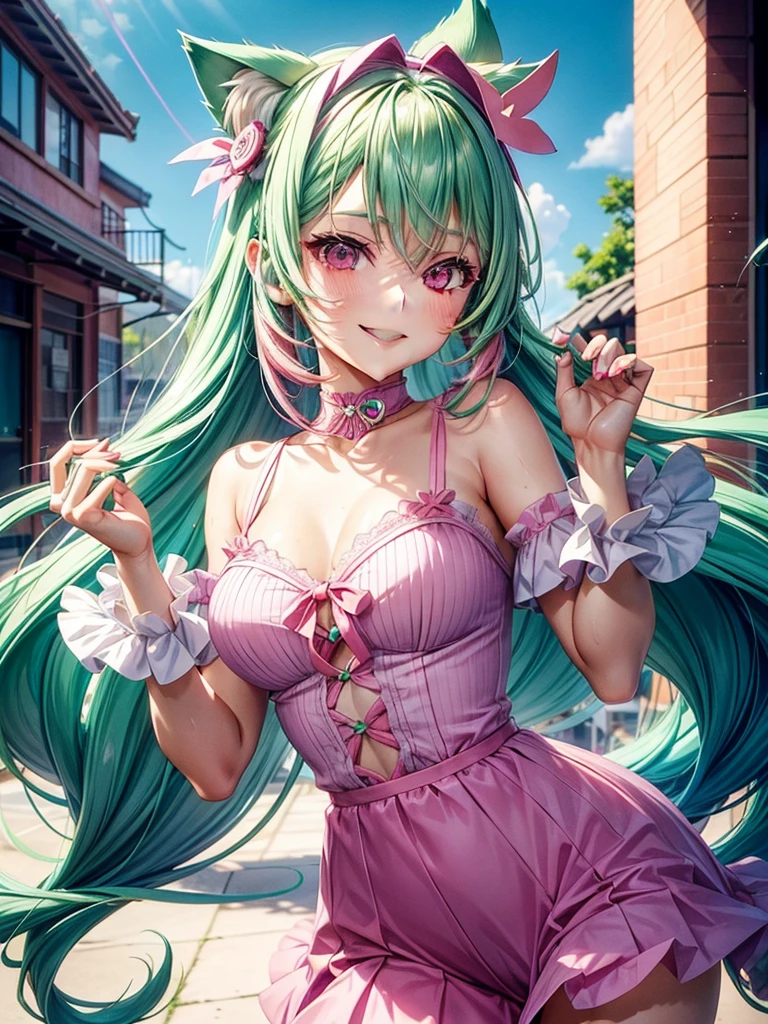 (( Pink green hair color)), pink eyes, woman, teal blue gold clothes,happy face, sexy outfit, cat ears, hearts, floating hearts, face only, long hair, smiling, hair ornament, up close face, sexy clothes, sexy women , closed mouth smile, up close face, hair bows l