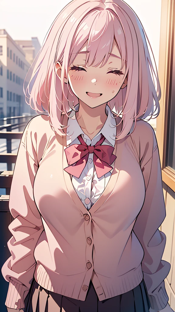 8k,(High quality:1.4),(best quality:1.4),(masterpiece:1.4),(huge breasts:1.2),(beautiful face:1.3),(beautiful woman:1.3),(pale pink hair:1.4),medium hair,a mole around the mouth,(enjoy:1.6),(closed eyes:1),(burst into laughter:1.4), (squinting:1.2)(school uniform:1.1),(beige cardigan:1.2),(close-up:1.2),(a red bow tie:1.1),(leaning forward:1.2)