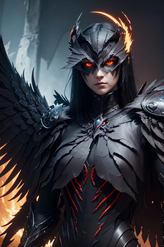 a close up of a demonic looking creature with wings, crow in cyber armour, amazing 8k character concept art, unreal engine character art, phoenix rising from the ashes, phoenix warrior, avian warrior, anthropomorphic raven knight, unreal engine fantasy art, made in unreal engine 5, cinematic unreal 5, unreal engine', trending on unreal engine 5