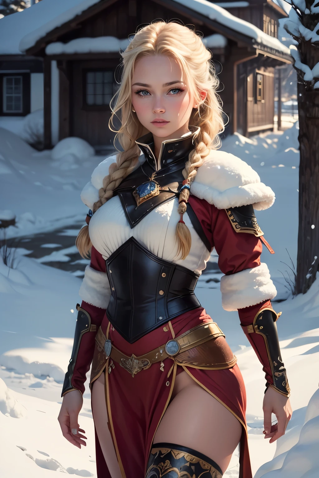 ((best quality)), ((masterpiece)), (detailed), (best qualityer,high resolution,work of art:1.2), (realisitic:1.2), analog photo style, Nordic warrior woman, fantasy snow scenery, braided blonde hair, whole body, soft natural light, cute and sexy, pleasure, detailed face and blue eyes, great quality, work of art, northern detailed background, 16k quality, CRU photo
