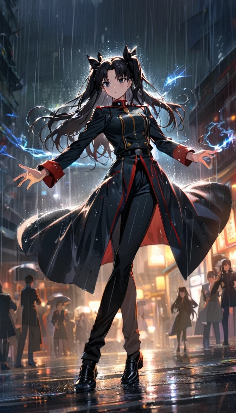 Dancing in the Rain, Rainy, (using magic), uninterested, black-hair, black-eyes, uniform-coat, asian, fullbody, full body,(Tohsaka Rin), extremly detailed