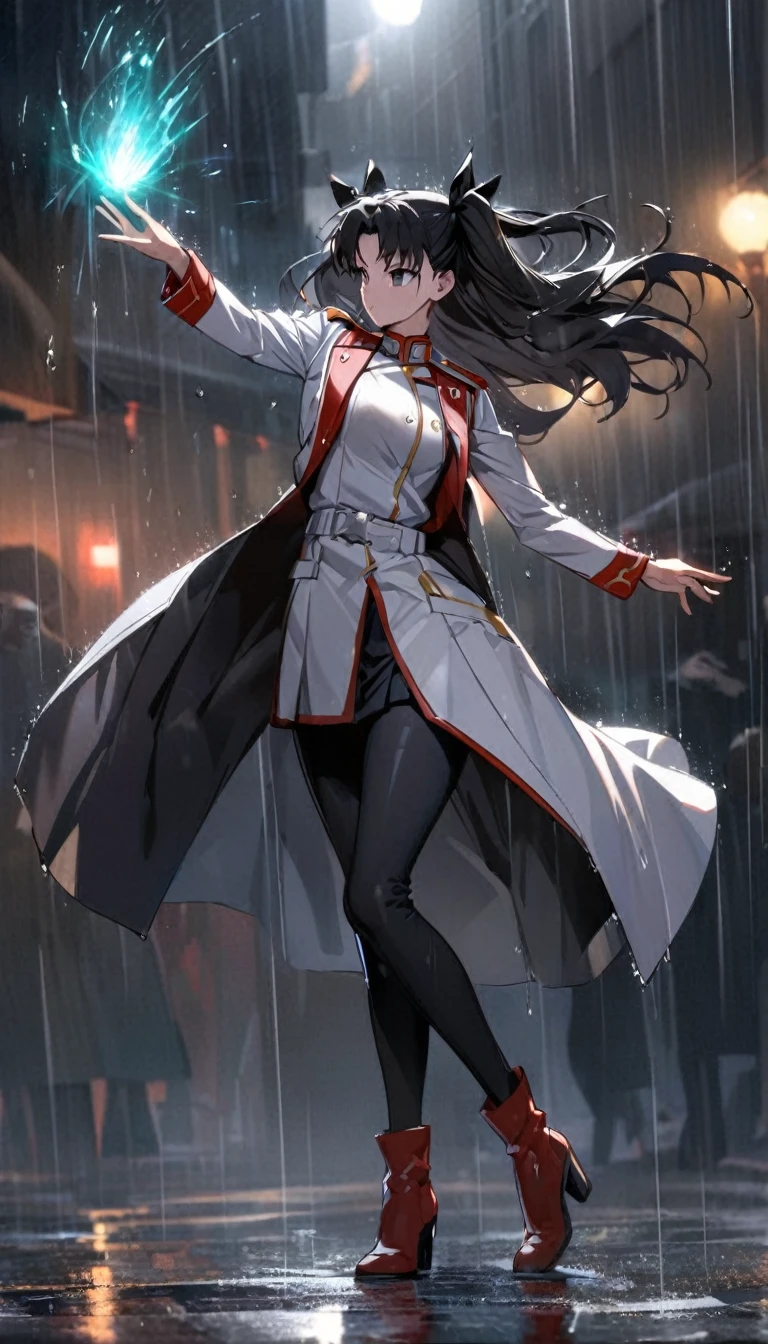 Dancing in the Rain, Rainy, (using magic), uninterested, black-hair, black-eyes, uniform-coat, asian, fullbody, full body,(Tohsaka Rin), extremly detailed