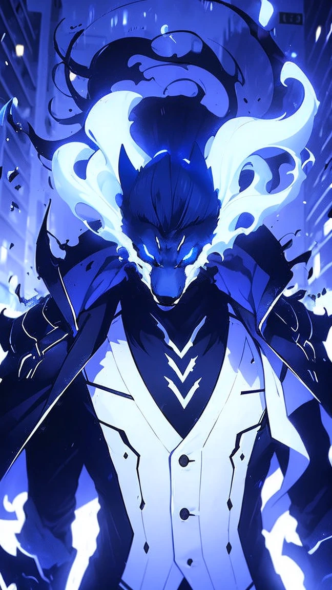 black wolf, with blue energy, white doctor's coat, white dress shirt, black tie, in parking lot, night
