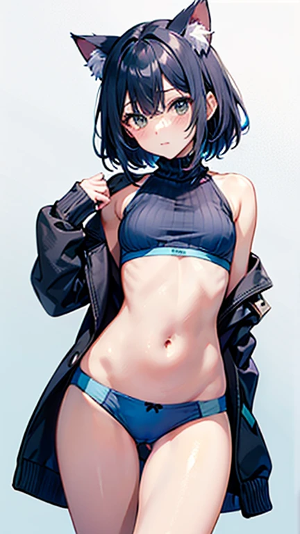 Cat ear,Small breasts,Belly button,Sweater with shoulders out,mini skirt,(ID photo:1.9,Plain background:Cerulean Blue),Hip Hugger Underwear:black,