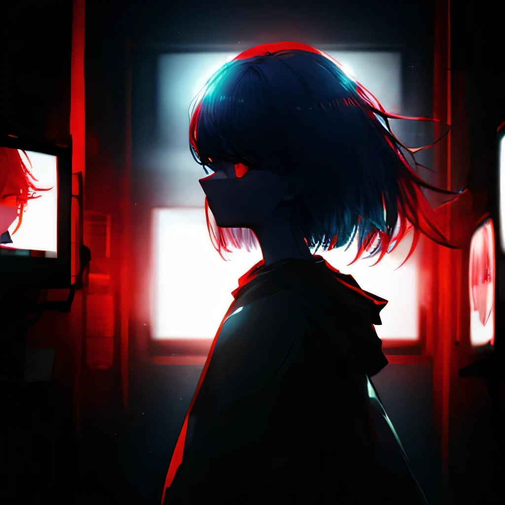 masterpiece, 1 girl, upper body, upclose, girl infront, looks at the viewer, Eyes in TV, Monitors with eyes in background, in doors, red eyes, blood, long blue hair, blue hair, many details, back facing viewer, head turned to look at viewer, emotionless, dim room, only light from tv monitors, monitors with eyes, Many screens showing different things, 1 girl in a screen, detailed eyes in the other screens, well lit, blood on hair, blood dripping from eyes, eyes with crosses in them, pale skin, seperate monitors, emotionless face, glowing eyes, long hair, white hair, eyes split in half, detailed, neon eyes, beautiful eyes, cool eyes, large monitor screen displaying beautiful eyes in background, girl in the center, silhouette of a girl in the center, red lighting, red eyes, blood, detailed, glowing, dim room, lighting from screens, massive screens displaying giant girl in the background , long hair,in a cinema room, dim lighting, bright lighting, red eyes, girl on screen panel, eyes in screen panels, long red hair, bright red hair, long hair, hair glowing, well lit, detailed, detailed lighting, well lit hair, well lit face, looking at viewer, dim room, screen monitor panels, monitors with girl in them, emotionless expression, eye in monitor screen, lots of monitor panels, sectioned panels, glowing eyes, red eyes,
