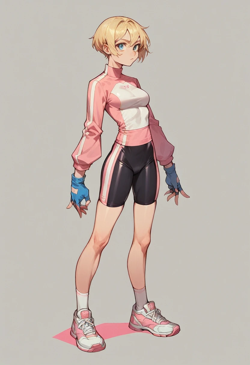 1girl, pink bike jersey, pink bike shorts, ((tight jersey)), ((tight long sleeves)), blonde hair, fingerless blue gloves, ((tight gloves)), full body, gloves, short hair, shoes, socks, standing, solo
