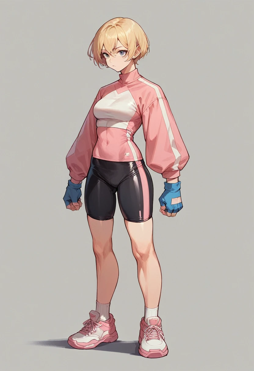 1girl, pink bike jersey, pink bike shorts, ((tight jersey)), ((tight long sleeves)), blonde hair, fingerless blue gloves, ((tight gloves)), full body, gloves, short hair, shoes, socks, standing, solo