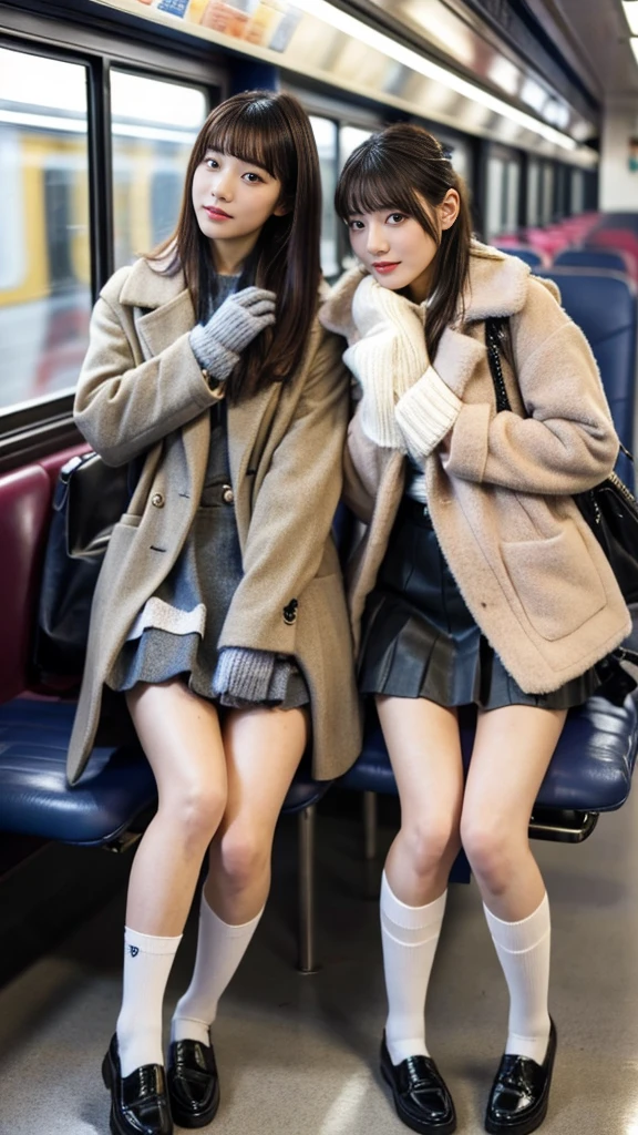 A photo of two gals with dyed hair, wearing cute coats with leather shoes and shiny, thin, short black leather gloves.,Inside the train,Voyeur,A face with flashy, heavy makeup,Ultra-detailed face, open eyes,((Legs crossed)).Smelly socks, Ultra Leather Mini Skirt,Panty shot,School Bags,This photo was taken in daylight with soft lighting..、The girls are sitting on train seats.。. This photo was taken by someone on their cell phone..、Apparently it was posted on Snapchat.。.