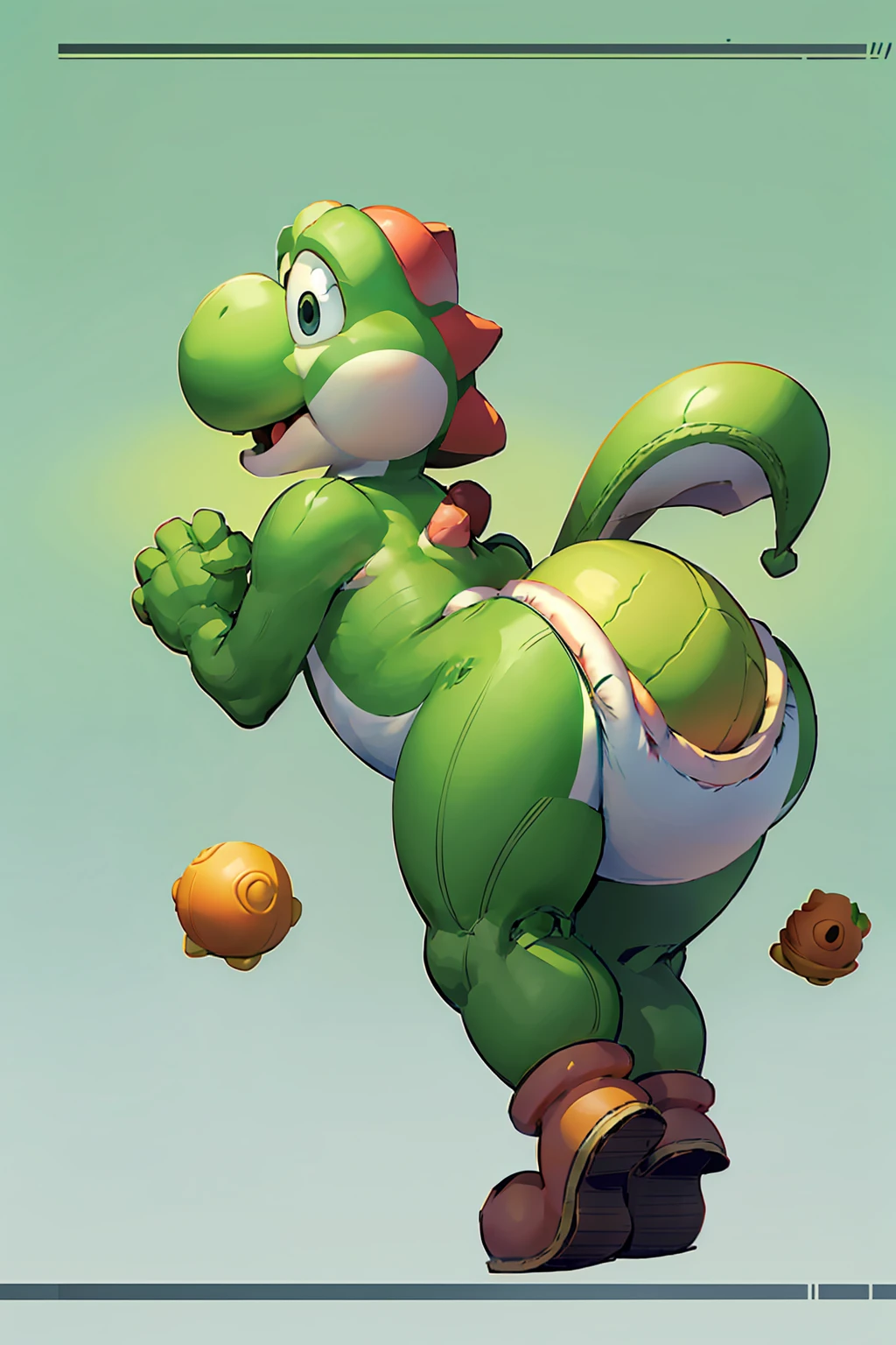 Green dinosaur, with boots, big nose, big eyes, a shell on the back and long tail, character from Mario Bros, Nintendo, is happy, looking at the viewer,
