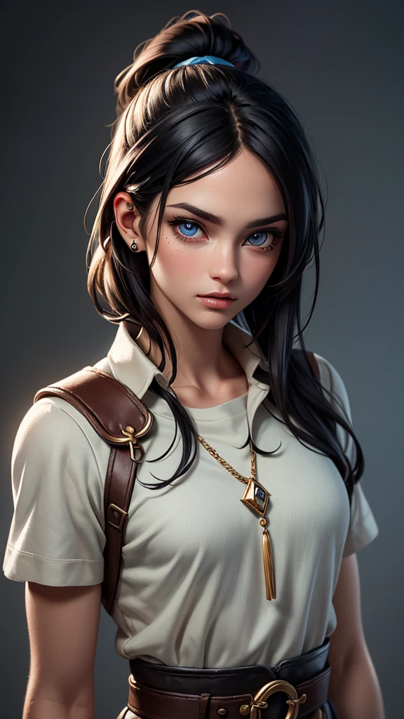 A 30-year-old man with striking black hair and piercing blue eyes, stands confidently in a grey tunic. He exudes a strong, authoritative presence, with sharp, defined facial features including a chiseled jawline and high cheekbones. His face is detailed with beautiful eyes, detailed lips, and glowing skin, making him appear extremely photorealistic and high quality. Extremely detailed, 8K, high resolution, photorealistic, high quality, realistic, detailed facial features, beautiful detailed eyes, beautiful detailed lips, extremely detailed face, glowing skin.