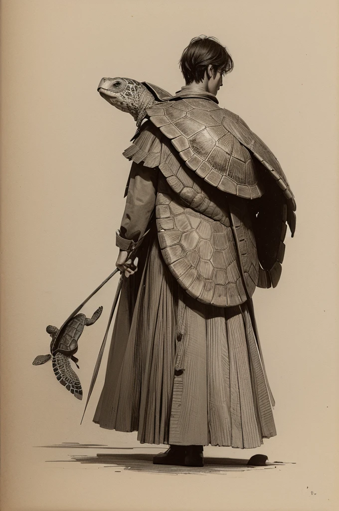 Sketch of a beautiful model parading backwards, with a turtle shell on his back