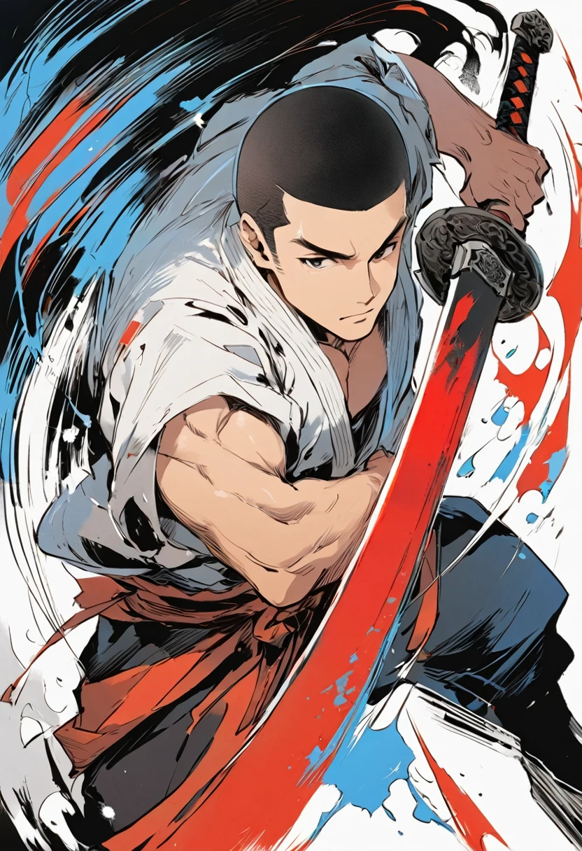 Chinese swordsman,Male swordsman,muscular,Short curly hair,Buzz Cut,Handsome,Simple lines,Abstract Art,Holding a red long sword,