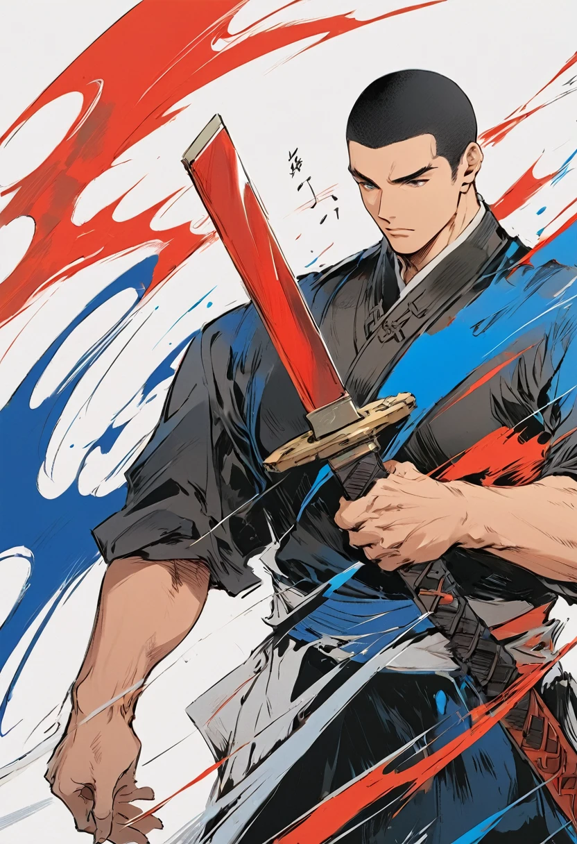 Chinese swordsman，Male swordsman，muscular，Short curly hair，Buzz Cut，Handsome，Simple lines，Abstract Art，Holding a red long sword，