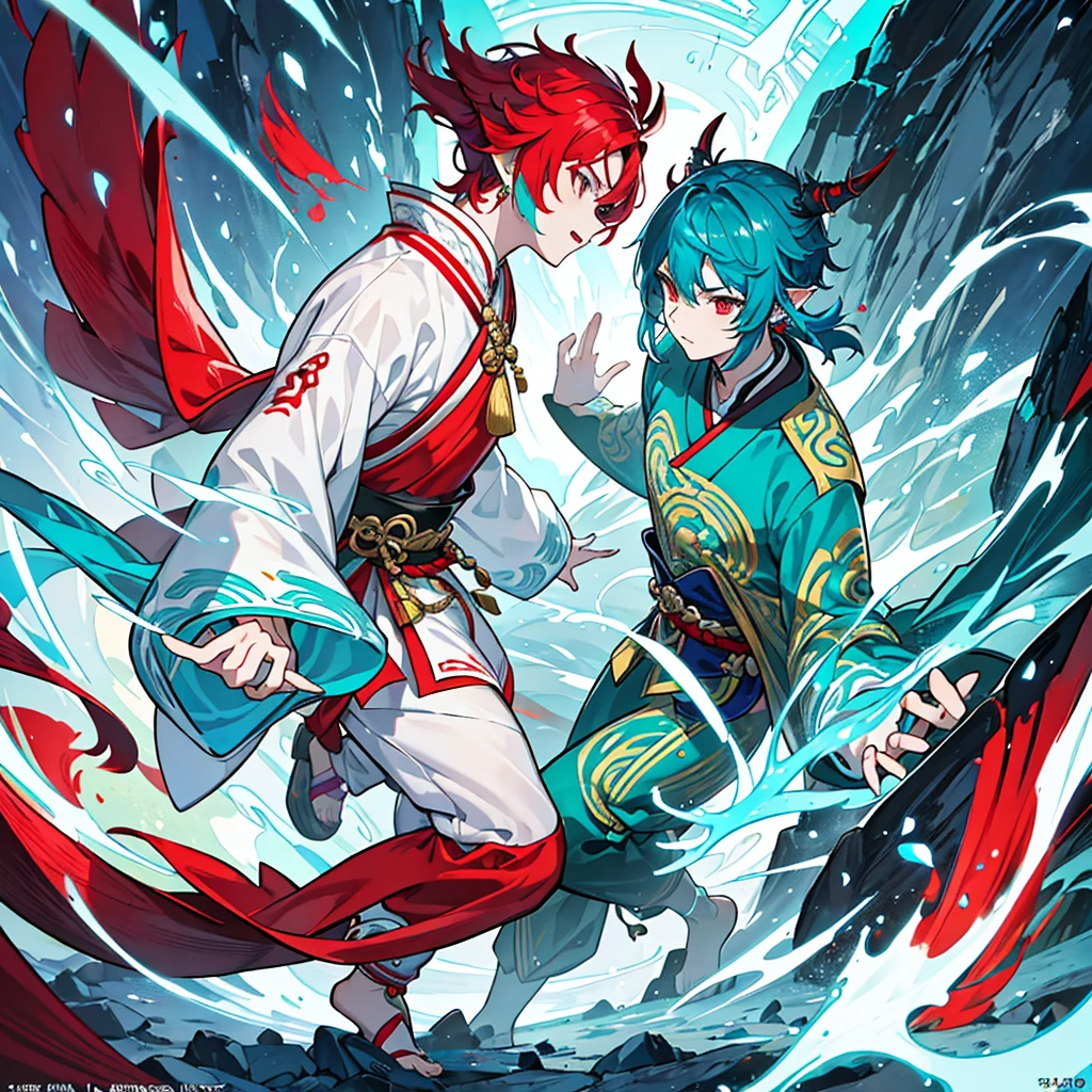 a hybrid teenage chinese dragon boy, medium and slender body, turquoise scales, thin arms, short and messy dark turquoise hair, a horns on the forehead, small and pointed ears with traditional red earrings, Rainbow-eyed iris, wearing white and turquoise traditional japanese style clothing with red patterns, long chinese dragon tail with turquoise patterns, profile, 1 boy character, pale skin, dark turquoise hair, Kaeya Genshin Impact, Final Fantasy XIV, attack pose, (best quality,4k,8k,highres,masterpiece:1.2),ultra-detailed,(realistic,photorealistic,photo-realistic:1.37),intricate details,hyper realistic,dramatic lighting,cinematic,digital art,illustration,fantasy,concept art

1 boy alone, Full body from head to toe.
Full body.