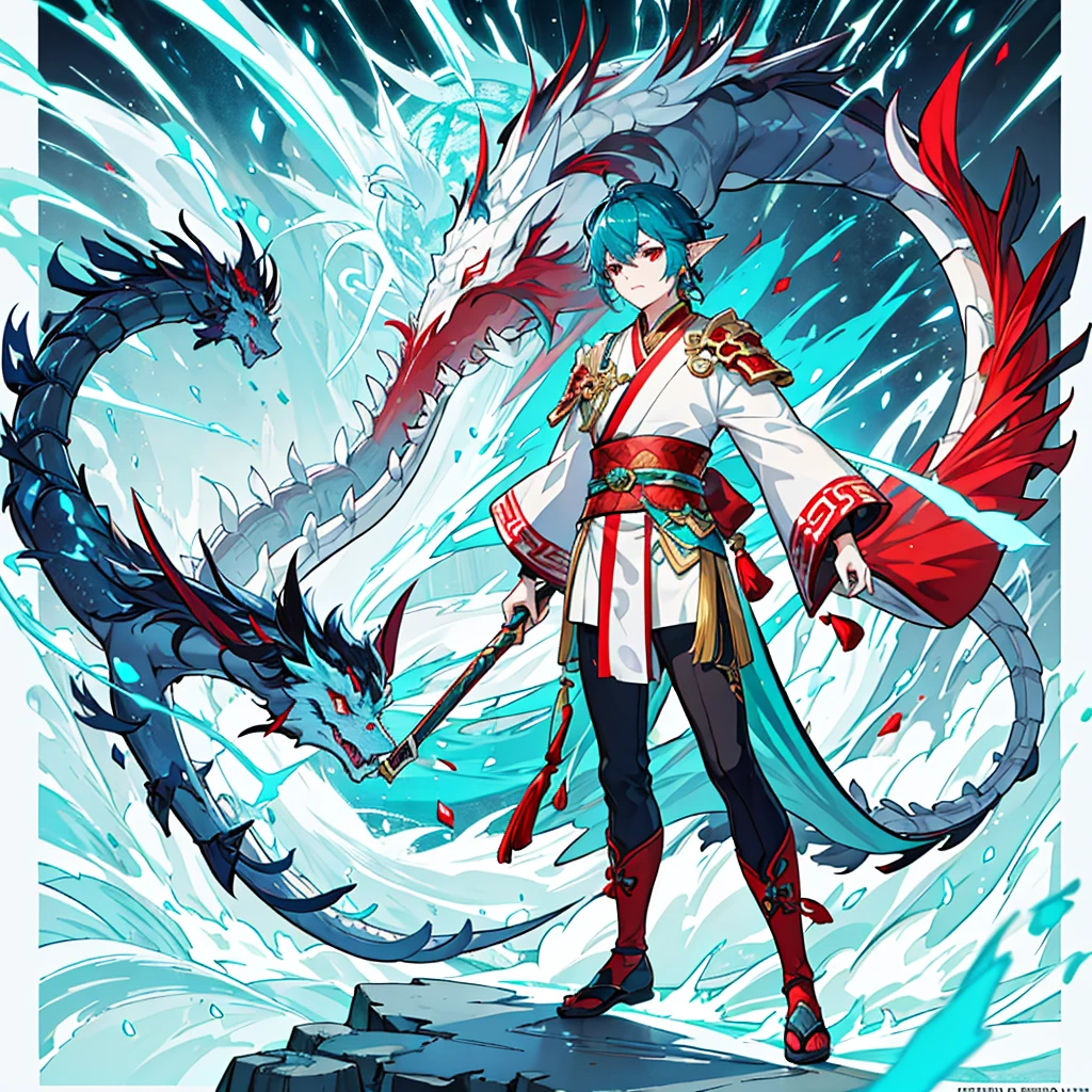 a hybrid age chinese dragon boy, medium and slender body, turquoise scales, thin arms, short and messy dark turquoise hair, a horns on the forehead, small and pointed ears with traditional red earrings, Rainbow-eyed iris, wearing white and turquoise traditional japanese style clothing with red patterns, long chinese dragon tail with turquoise patterns, profile, 1 boy character, pale skin, dark turquoise hair, Kaeya Genshin Impact, Final Fantasy XIV, attack pose, (best quality,4k,8k,highres,masterpiece:1.2),ultra-detailed,(realistic,photorealistic,photo-realistic:1.37),intricate details,hyper realistic,dramatic lighting,cinematic,digital art,illustration,fantasy,concept art
1 boy alone, Full body from head to toe.
Full body.