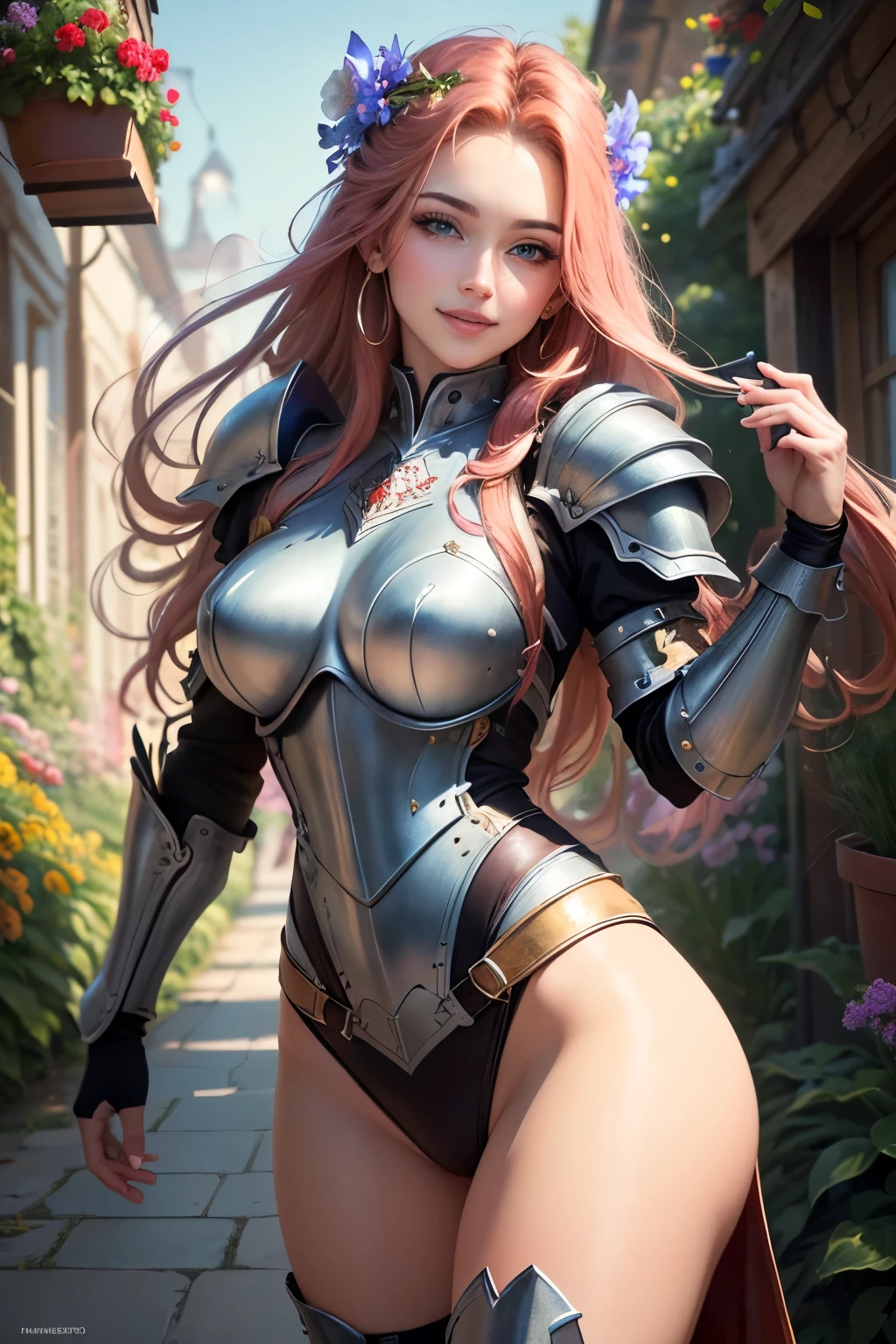 ((best quality)), ((masterpiece)), (detailed), (best qualityer,high resolution,work of art:1.2), beautiful detailed blue eyes,  stunning with long hair, Tailpussy, Hair color red dreads , com um sorriso encantador, leather armour, soft natural lighting, Flower garden background, light colors, Fine Brushstroke Technique, Accentuate the girl&#39;s happy expression, A gentle breeze gently ruffles your hair, Meticulous attention to facial features and hair strands, full body armor , A careful look, adventurous maiden , full body armour  